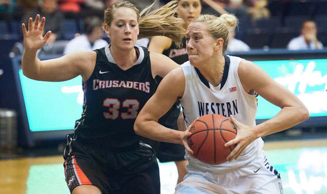 WWU senior Sarah Hill (right) was named Red Lion Player of the Week as her 27 points and GNAC-high 30 rebounds last week helped the Vikings increase their winning streak to four games.